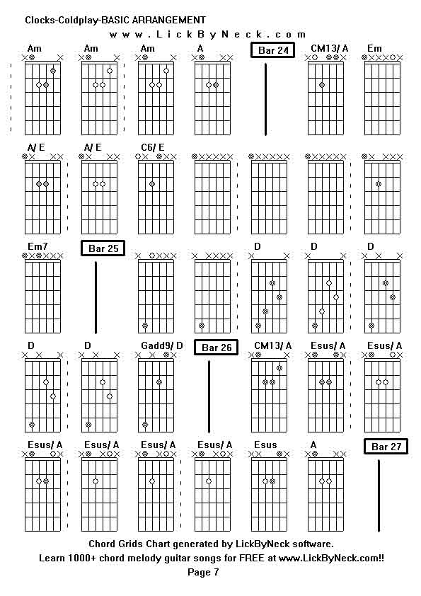 Chord Grids Chart of chord melody fingerstyle guitar song-Clocks-Coldplay-BASIC ARRANGEMENT,generated by LickByNeck software.